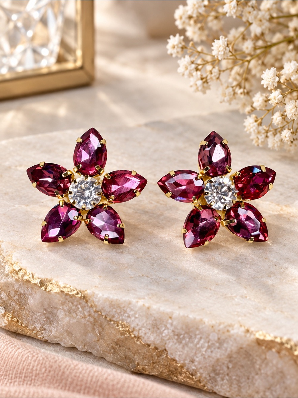 Pink Rhinestone Crystal Flower Statement Stud Earrings
